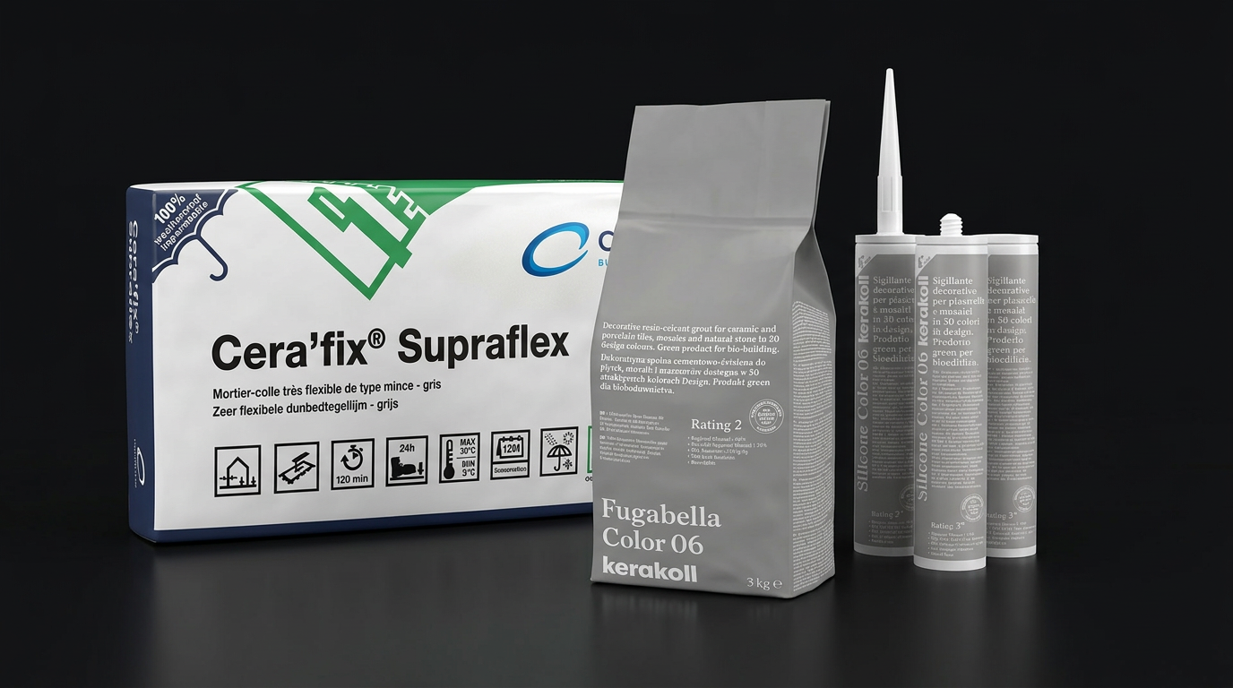 Composition de colle Cantillana Supraflex, joint Fugabella et silicones Kerakoll